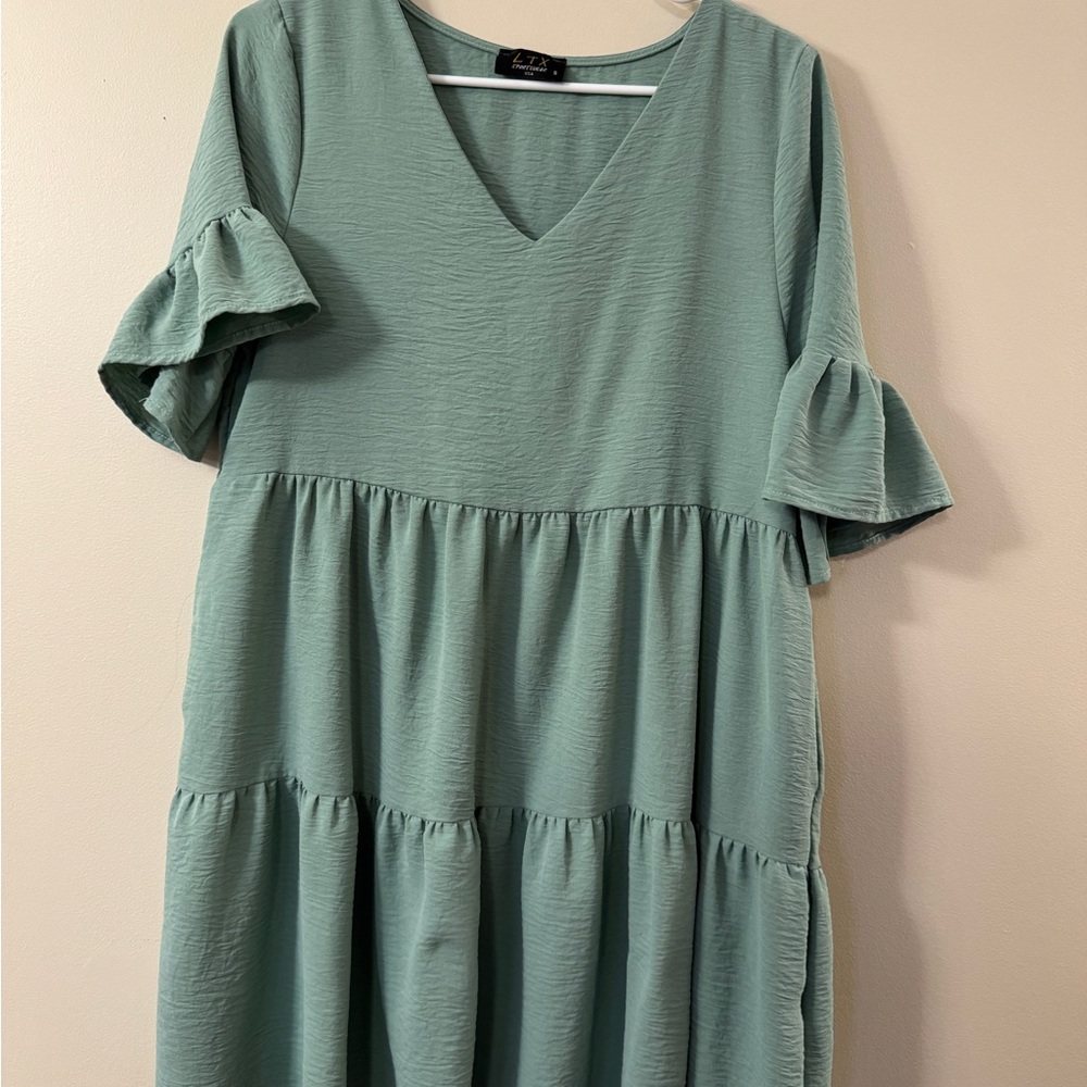 Sage Green Mini Dress with Ruffle Sleeves